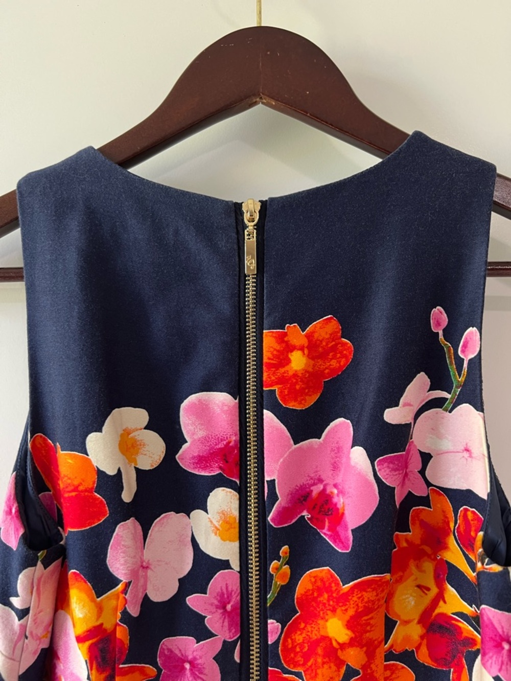 Eliza J Navy Floral Fit and Flare Cocktail Dress with Pink & Orange Blooms Sz 2 - Picture 5 of 7